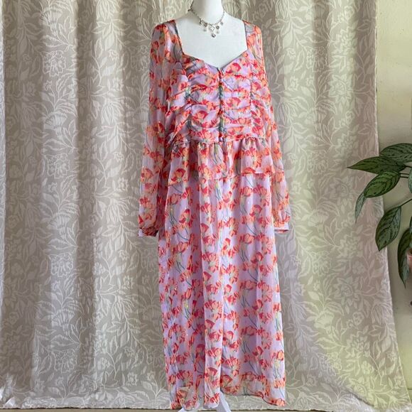 NWT BURU Lilac Floral Ruffle Midi Dress Long Sleeve Peplum Fairy Coquette sz 2X